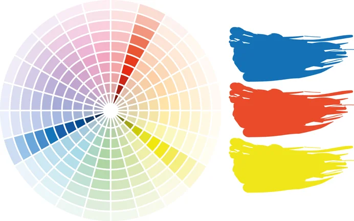Farbkreis mit Farbfeldern, blaue, rote und gelbe Pinselstriche, Inspiration für Heimwerkerprojekte mit Baumit-Produkten.