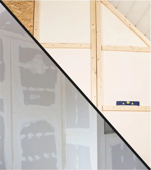 Trockenbauwand aus Rigips mit Holzrahmen und Wasserwaage.