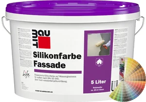 Produktbild: Baumit Silikonfarbe Fassade im 5 Liter Eimer mit Baumit Farbfächer.