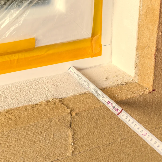 Fensterrahmen für Renovierung mit Klebeband geschützt, Putz- und Dämmstoffarbeiten vorbereitet, Maßband zur Kontrolle.
