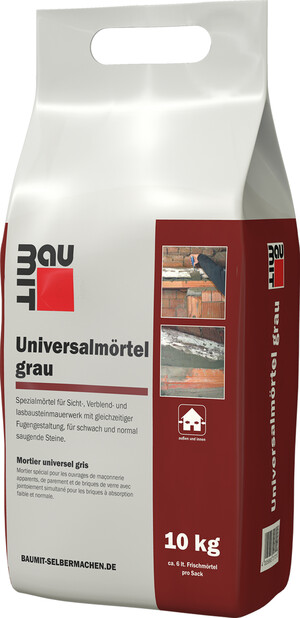 Der Baumit Univeralmörtel grau ist im 10 kg Foliensack erhältlich.