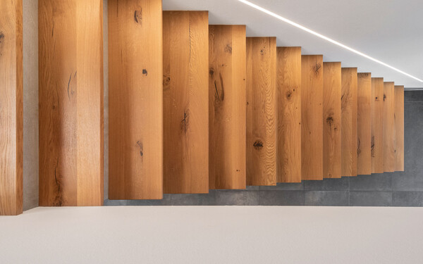 Moderner Treppenaufgang im Einfamilienhaus mit Beton und Holz von oben mit indirekter Beleuchtung und brillantweißem feinen Edelputz InStyle Edelweiß.