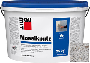 Der Baumit Mosaikputz ist im Farbton M 337 Montblanc mit Glitzereffekt erhältlich.