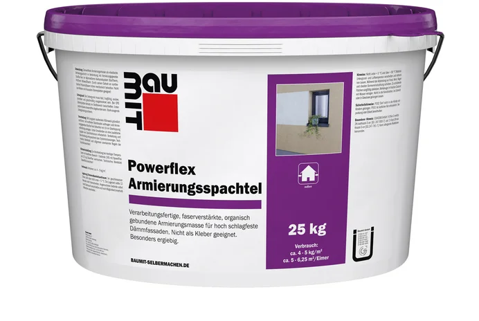 Baumit Powerflex Armierungsspachtel, faserverstärkt, 25 kg, ideal für hoch schlagfeste Dämmlösungen bei Renovierungsprojekten.