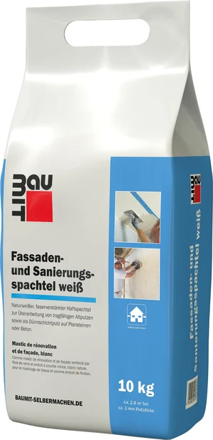 Der Baumit Fassaden- und Sanierungsspachtel weiß ist im 10 kg Foliensack erhältlich.