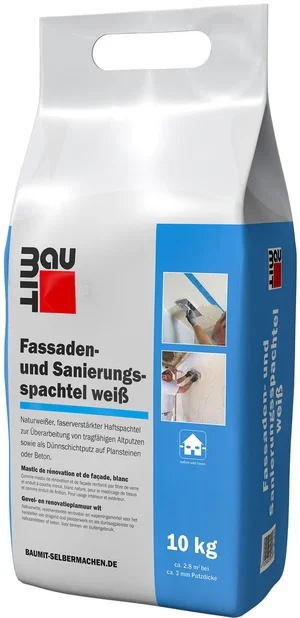 Der Baumit Fassaden- und Sanierungsspachtel weiß ist im 10 kg Foliensack erhältlich.