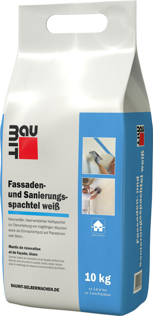 Der Baumit Fassaden- und Sanierungsspachtel weiß ist im 10 kg Foliensack erhältlich.