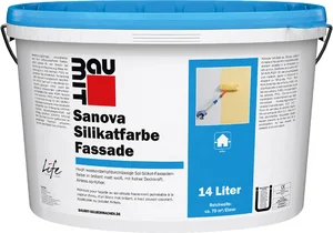 Die Baumit Sanova Silikatfarbe Fassade ist in Weiß im 14 Liter Eimer erhältlich.
