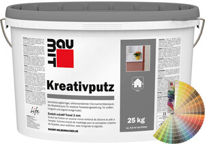 Der Baumit Kreativputz mit 3 mm Körnung ist im 25 kg Eimer in farbig erhältlich.