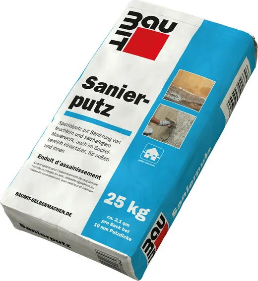 Sanierputz 25 kg von Baumit, ideal zur Sanierung von feuchten Mauerwerken, für Innen- und Außenanwendung, einfach zu verarbeiten.