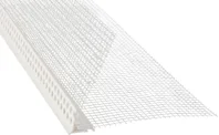 Weißes Eckprofil mit integriertem Gewebe für präzise Putzarbeiten an Außenecken. Ideal für Heimwerkerprojekte.