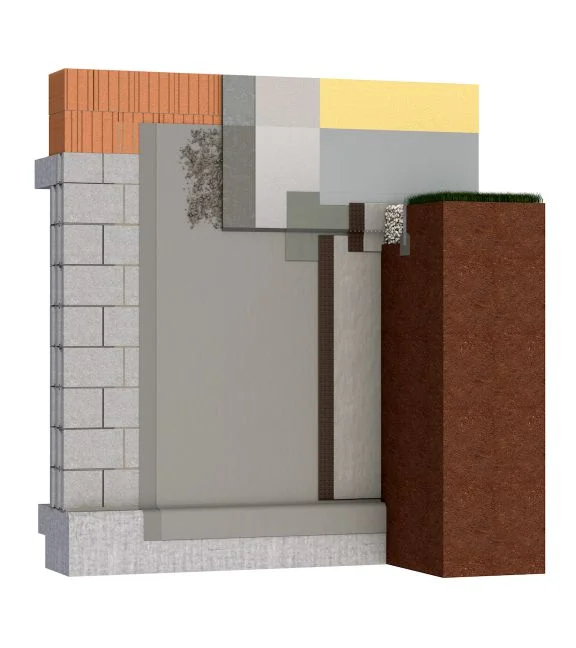 Querschnitt einer gedämmten und verputzten Fassade mit verschiedenen Schichten, geeignet für DIY-Sanierungsprojekte.