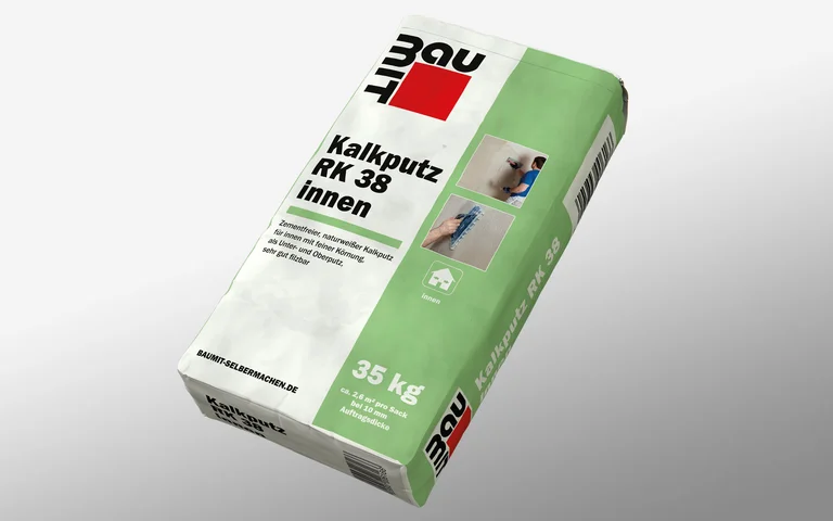 Baumit Kalkputz RK 38 f&uuml;r Innenbereiche, 35 kg Sack, ideal f&uuml;r Sanierungen und Renovierungen, zeigt Anwendungsschritte.