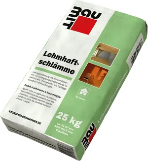 Packung Baumit Lehmhaftschlämme 25 kg für Innenwände, atmungsaktive, ökologische Renovierung mit Lehmbasis, leicht zu verarbeiten.