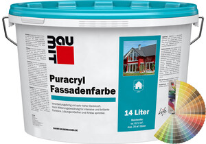 Produktbild: Baumit Puracryl Fassadenfarbe im 14 Liter Eimer mit Baumit Farbfächer.