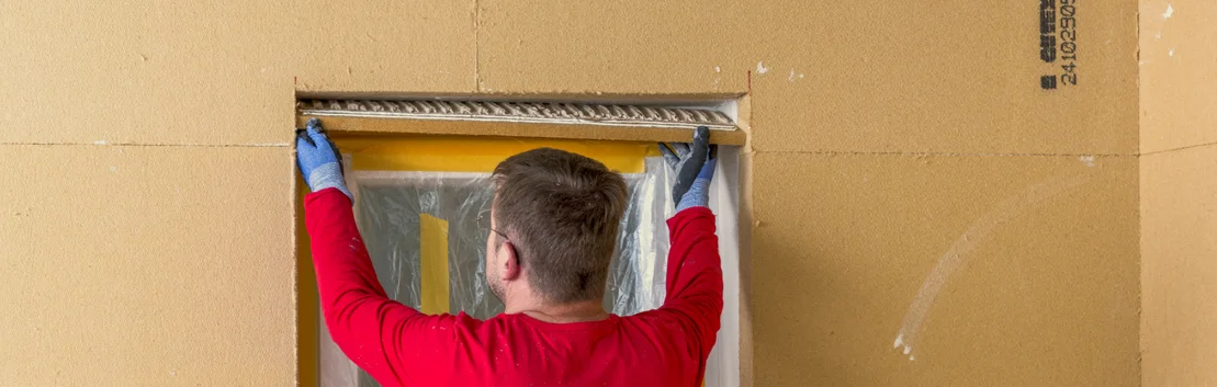 Heimwerker installiert Putzprofil an Fensterrahmen für glatte Wandoberfläche im Innenausbau.
