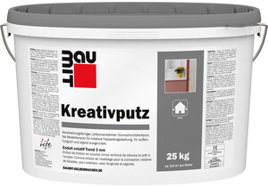 Der Baumit Kreativputz mit 4 mm Körnung ist im 25 kg Eimer in Weiß erhältlich.