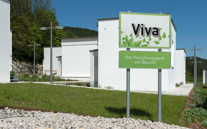Schild vom Baumit Viva Forschungspark: Der Forschungspark für Baustoffe