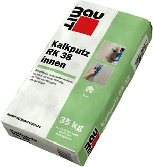 Zementgebundener Kalkputz RK 38 für Innenwände, 35 kg Sack, ideal für glatte Oberflächen.