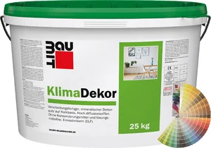 Eimer mit 25 kg Baumit KlimaDekor, mineralischer Dekorputz für Innenräume, emissionsarm und diffusionsoffen, große Farbvielfalt.