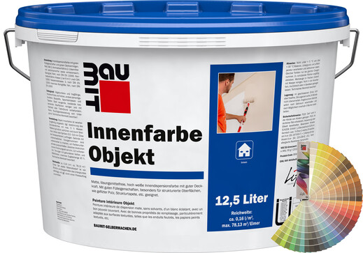 Produktbild: Baumit Innenfarbe Objekt im 12,5 Liter Eimer mit Baumit Farbfächer.