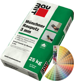 Der Münchner Rauputz von Baumit ist mit einer 3 mm Körnung farbig im 25 kg Sack erhältlich.