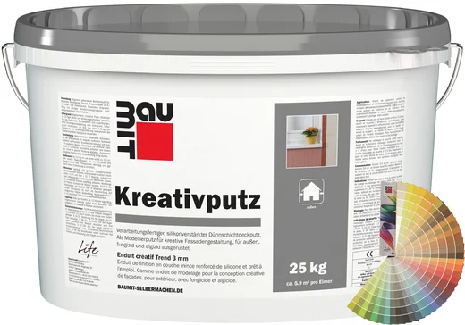 Der Baumit Kreativputz ist im 25 kg Eimer verarbeitungsfertig erhältlich.