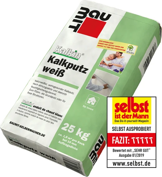 Baumit Kalkputz weiß 25 kg: Hochwertiger, wohngesunder Kalkputz zur einfachen Anwendung für Heimwerker, für glatte, robuste Wände.