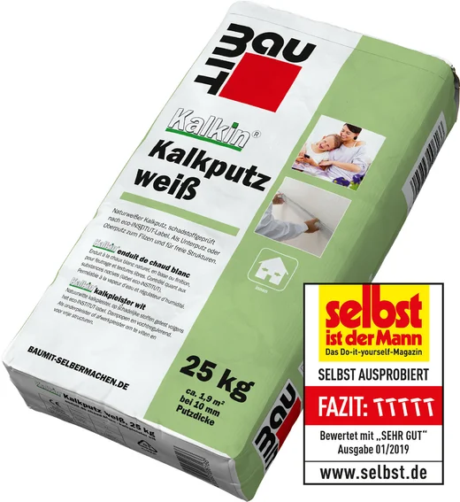 Baumit Kalkputz weiß 25 kg: Hochwertiger, wohngesunder Kalkputz zur einfachen Anwendung für Heimwerker, für glatte, robuste Wände.