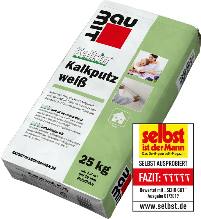 Baumit Kalkputz weiß 25 kg: Hochwertiger, wohngesunder Kalkputz zur einfachen Anwendung für Heimwerker, für glatte, robuste Wände.