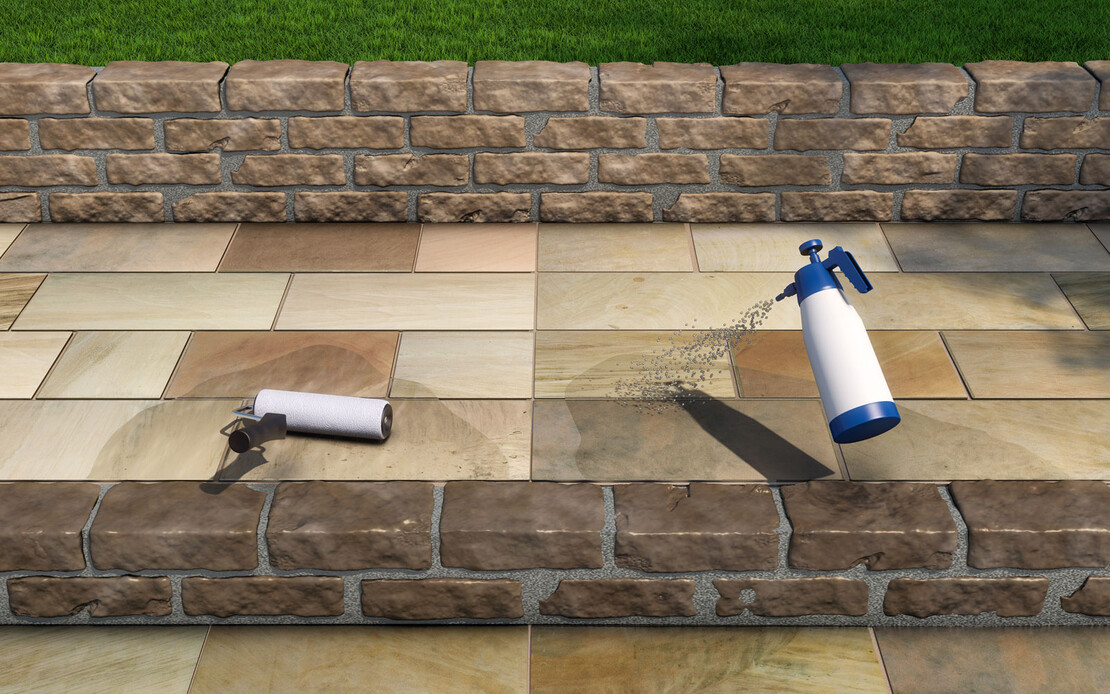 Illustration: Steinplatten im Garten werden mit Pflegeprodukte eingespr&uuml;ht bzw. mit Walze aufgetragen.