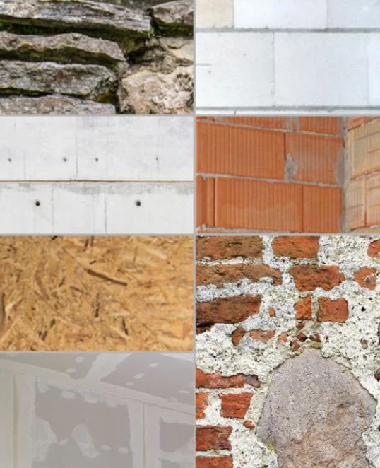 Baumaterialien im Vergleich: Ziegel, Beton, Putz, OSB-Platte, Naturstein und Mauerwerk für Heimwerkerprojekte.