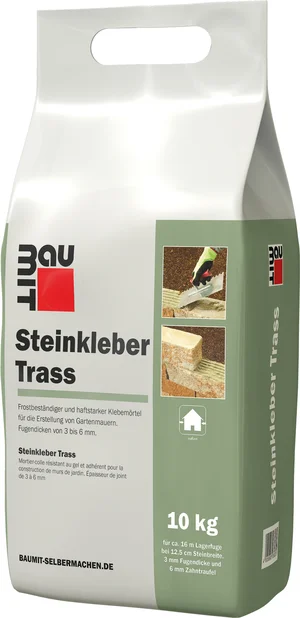 Der Baumit Steinkleber Trass ist im 10 kg Foliensack erhältlich.