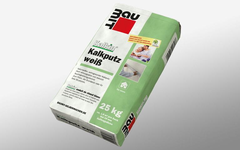 Produktfoto auf grauem Hintergrund: Baumit Kalkin Kalkputz weiß - grüner 25 kg Sack.