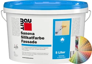 Die Baumit Sanova Silikatfarbe Fassade ist farbig im 5 Liter Eimer erhältlich.