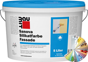 Die Baumit Sanova Silikatfarbe Fassade ist farbig im 5 Liter Eimer erhältlich.