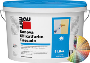 Die Baumit Sanova Silikatfarbe Fassade ist farbig im 5 Liter Eimer erhältlich.