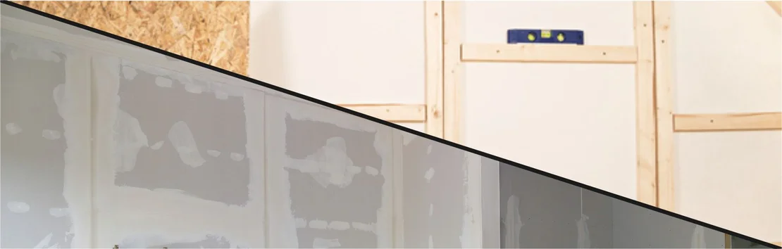 Trockenbauwand mit angewendetem Spachtel und Ausrichtwerkzeug. Perfekt f&uuml;r DIY-Projekte im Innenausbau.