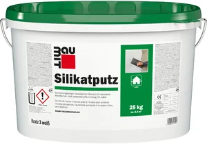 Der Baumit Silikatputz mit 3 mm Körnung ist im 25 kg Eimer in Weiß erhältlich.