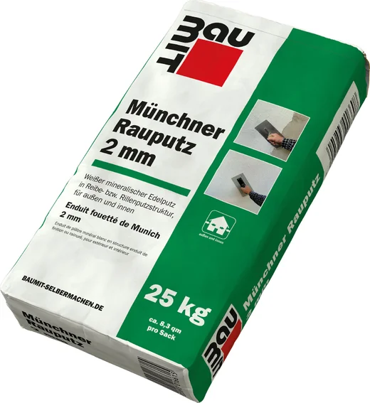 25-kg-Sack Münchner Rauputz 2 mm von Baumit, geeignet zum Fassaden verputzen mit feiner Reibestruktur in 2 mm Körnung.