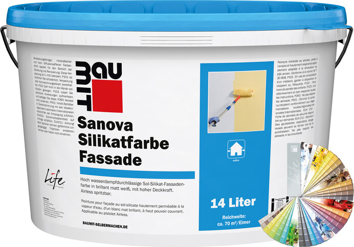 Die Baumit Sanova Silikatfarbe Fassade ist farbig im 14 l Eimer erhältlich.