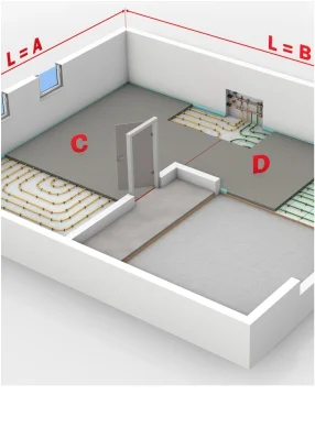 Illustration eines Raumes mit Fußbodenheizung und Dämmplatten, die den Aufbau und Verlegung von Heizsystemen zeigt.