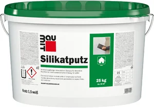 Der Baumit Silikatputz mit 1,5 mm Körnung ist im 25 kg Eimer in Weiß erhältlich.