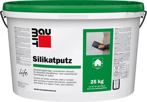 Der Baumit Silikatputz mit 1,5 mm Körnung ist im 25 kg Eimer in Weiß erhältlich.