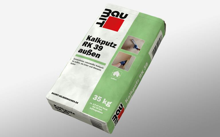 Produktfoto auf grauem Hintergrund_ Baumit Kalkputz RK 39 außen.