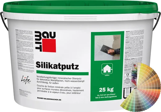 Der Baumit Silikatputz mit 1,5 mm Körnung ist im 25 kg Eimer farbig erhältlich.