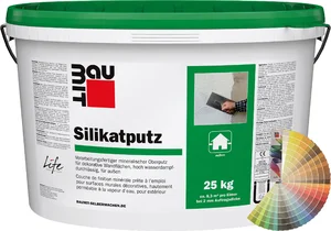 Der Baumit Silikatputz mit 1,5 mm Körnung ist im 25 kg Eimer farbig erhältlich.