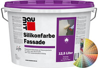 Produktbild: Baumit Silikonfarbe Fassade im 12,5 Liter Eimer mit Baumit Farbfächer.