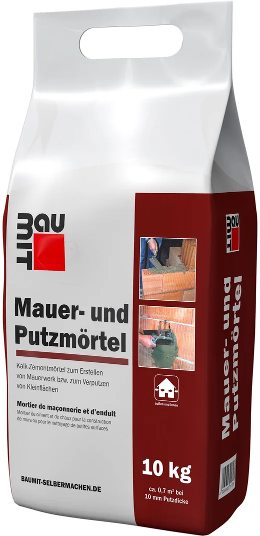 Der Baumit Mauer- und Putzmörtel ist im 10 kg Foliensack erhältlich.