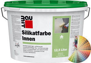 Produktbild: Baumit Silikatfarbe Innen im 12,5 Liter Eimer mit Baumit Farbfächer.